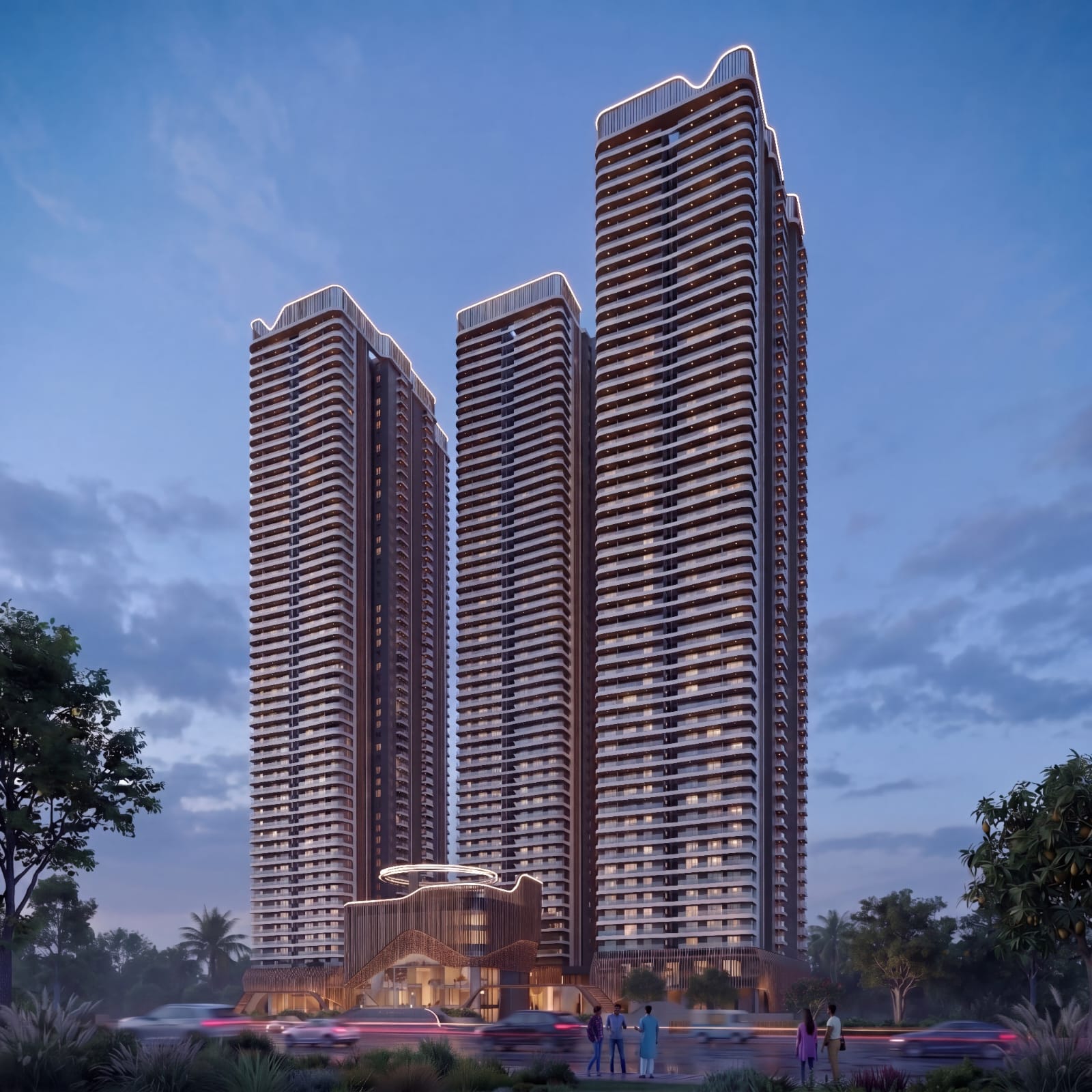 Raghava Halo — front elevation with fountain plaza